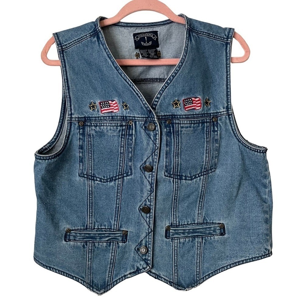 Vintage Denim Vest‎ American Flag Star Embroidered Teacher Womens Large Cotton